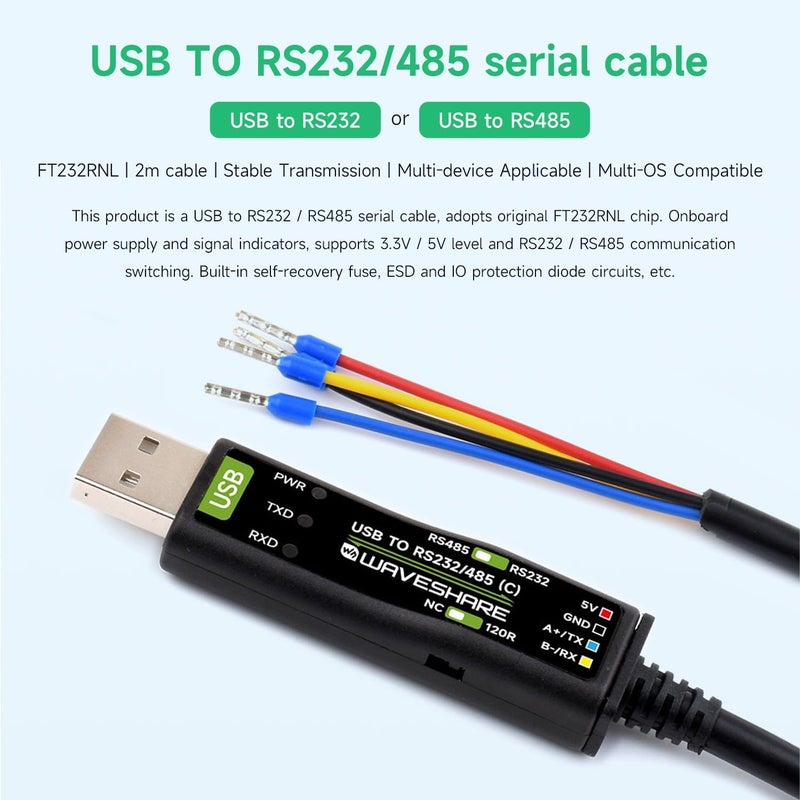 Waveshare Wavesahre USB to RS232/485 Serial Cable, Original FT232RNL Chip, Compatible with Mac, Linux, Android, Win11/10/8.1/8/7, Onboard Power and Signal Indicators, Multi-OS Compatible & Device Applicable - Image 3